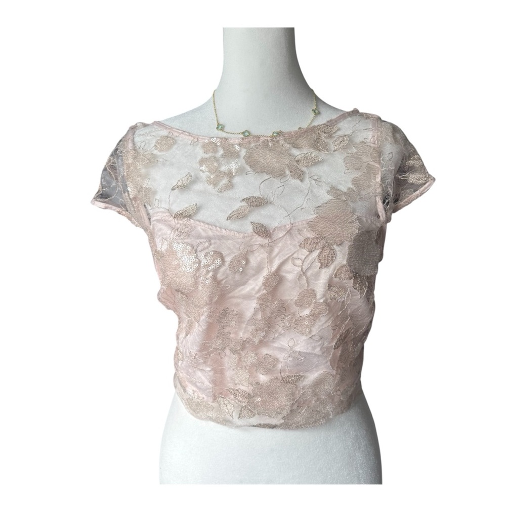 Blush Pink Coquette Lace Embroidered Floral Sequin Women’s Medium Crop Top